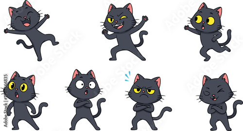 Cute black cartoon cat character set with different emotions and poses playful kitten mascot vector illustration collection