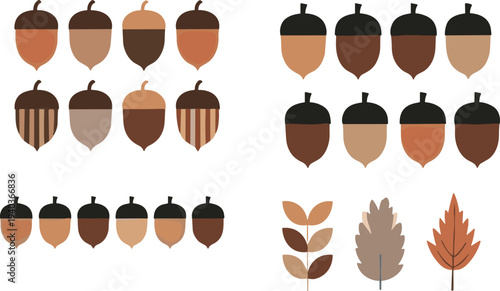 Autumn acorn and fall leaves vector collection with oak nuts woodland elements seasonal nature icons in warm brown tones