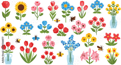 Colorful spring flowers and garden plants vector collection with tulips sunflowers roses wildflowers bouquets bees and butterflies botanical illustration set