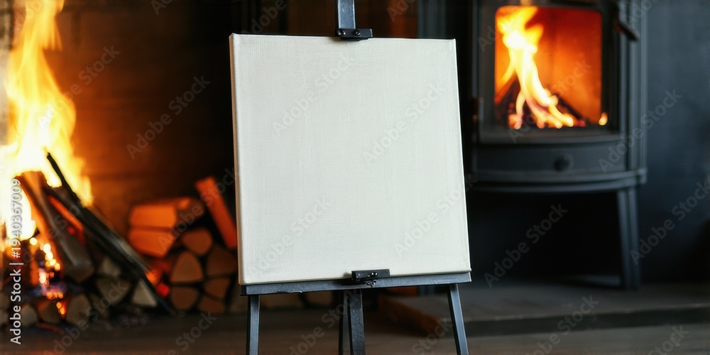Obraz premium Blank canvas stands before fireplace. Warm light illuminates scene, creating cozy atmosphere. Artistic potential awaits inspiration.