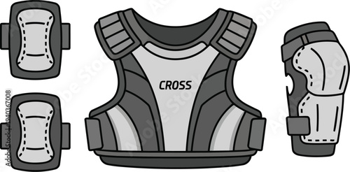 Protective Gear Set Illustration with Chest Armor, Knee Pads, and Elbow Guard for Extreme Sports