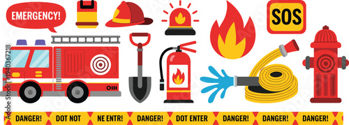 Collection of colorful firefighting and emergency icons including fire truck, helmet, extinguisher, hydrant, siren, caution tape, and safety symbols for rescue and safety themes