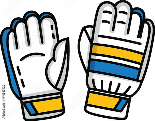 Cartoon Style Soccer Goalkeeper Gloves with Blue and Yellow Stripes Isolated on White Background