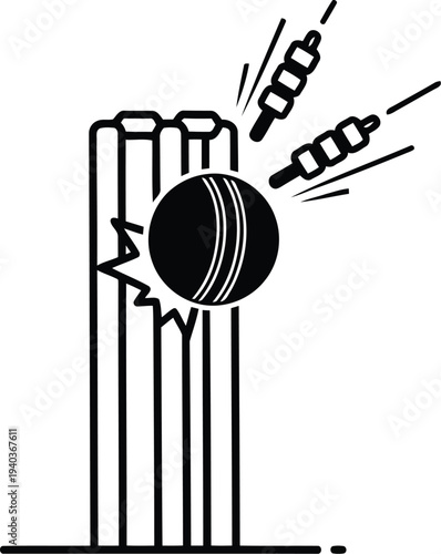 Cricket Wicket Icon with Ball Hitting Stumps and Bails in Black and White Vector Illustration