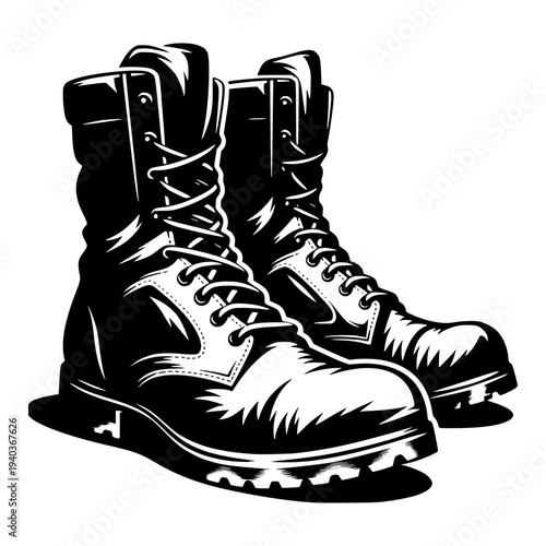 Rugged Footwear: A striking black and white illustration of sturdy work boots, meticulously detailed, suggesting durability, strength, and resilience.
