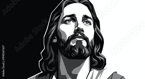 Illustration of Jesus Christ with long hair and beard on split black