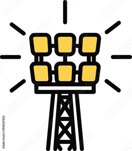Stadium Floodlight Tower Icon with Bright Yellow Lights for Sports and Event Illustrations