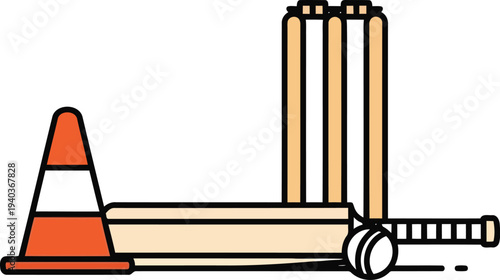 Cricket Equipment and Safety Cone Vector Illustration for Sports and Training Concepts
