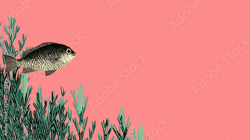 A stylized illustration features a fish swimming above green plants against a peachy-pink background