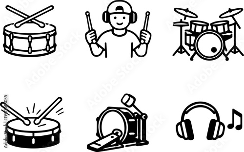 Drum set percussion music instruments icons