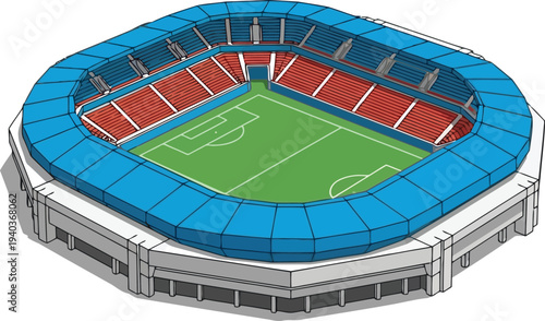 Isometric Illustration of Modern Soccer Stadium with Blue Roof and Green Field