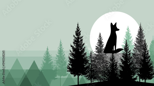 Silhouette of a fox sitting in a forest with a moon in the background, green tones