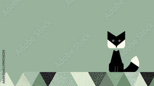 Minimalist illustration of a black and white fox sitting atop patterned triangles against a green backdrop