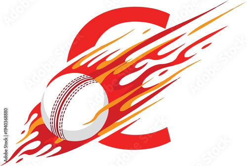 Cricket Ball with Fiery Flames and Red Letter C Logo Vector for Sports Branding