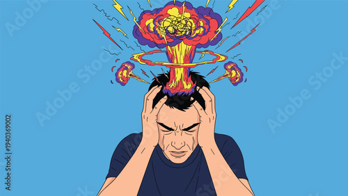 Stressed man holds his head as it symbolically explodes into a large mushroom cloud against a bright blue background.