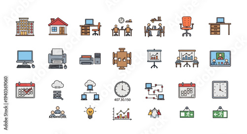 Business and Office Icons Set with Technology and Communication Elements
