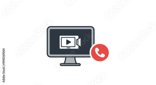 Video conference call icon with computer monitor and phone symbol.