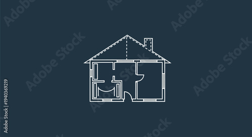 Outline illustration of a residential house floor plan on a dark background.