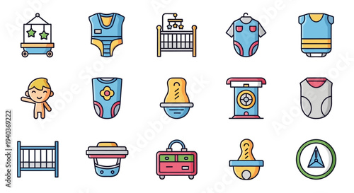 Colorful baby and childcare icons collection on white background.