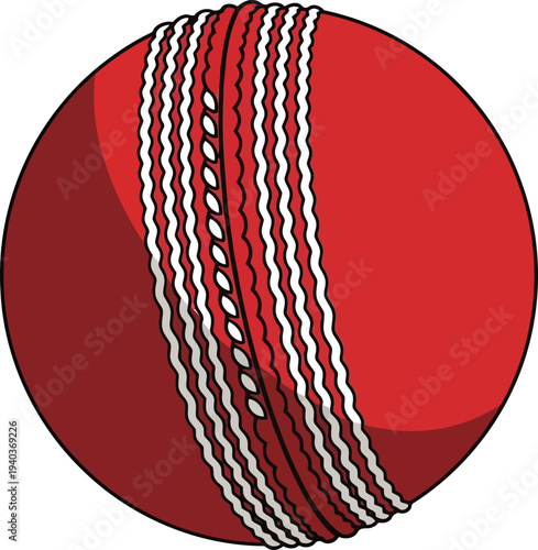 Red cricket ball illustration with detailed seam for sports equipment and game design