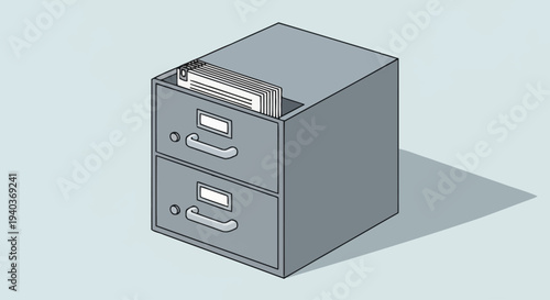 A gray two-drawer file cabinet with documents in the top drawer.