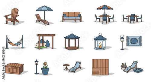 Collection of outdoor furniture and garden accessories