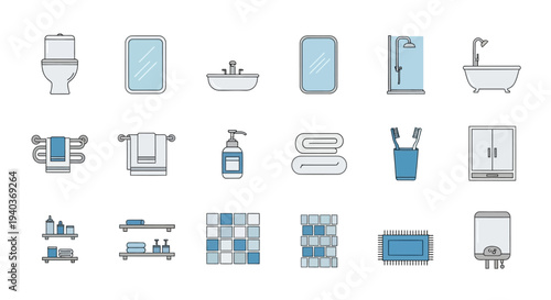 Collection of modern flat design bathroom icons.