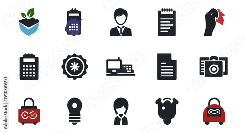 Collection of business and office related flat icons on a white background.