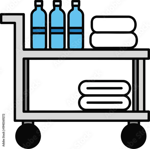 Hotel housekeeping cart with towels and water bottles isolated vector illustration