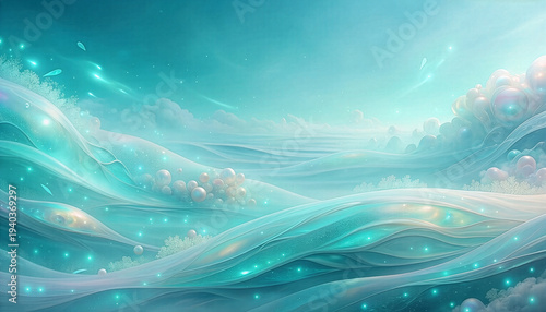 Ethereal Emerald Green Underwater Abstract Background with Bubbles and Pearls　泡と真珠が輝くエメラルドグリーンの幻想的で美しい海の抽象背景　イラスト