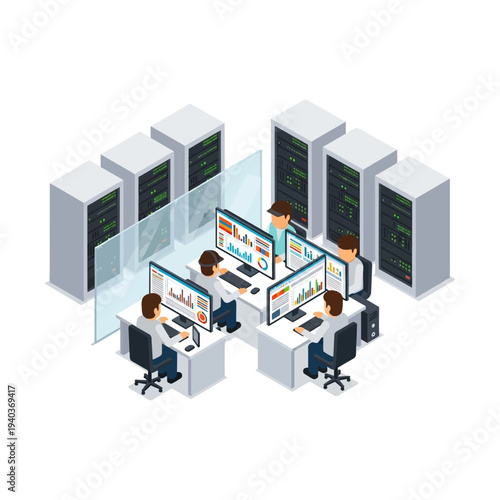 Isometric data center with IT professionals working on computers.