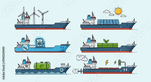 Vector illustration set of eco-friendly cargo ships using sustainable energy