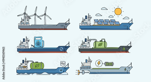 Vector illustration of various green energy solutions for maritime shipping transport