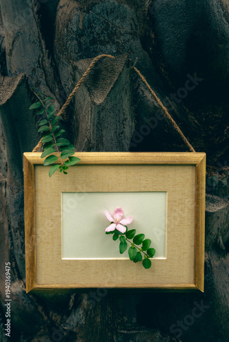 dark tone still life with wooden frame and flower on tree bark