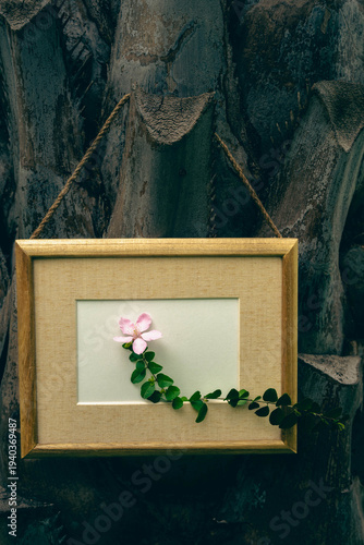 dark tone still life with wooden frame and flower on tree bark
