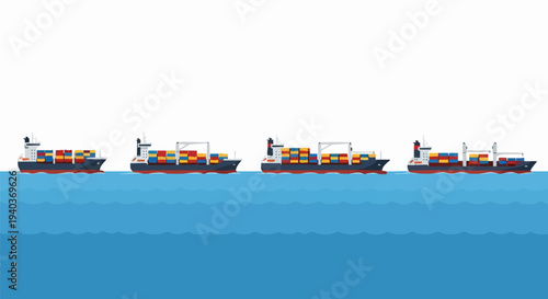 Four cargo container ships sailing across blue ocean water vector illustration