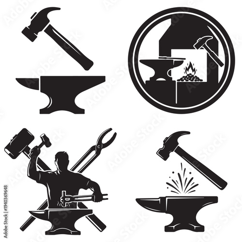 Blacksmithing tools and scenes, anvil, hammer, forge, and craftsman silhouette