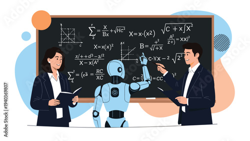 Intelligent robot writes complex mathematical equations on a chalkboard while a man and a woman observe and take notes.