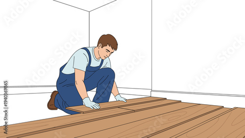 Professional floor installer in a blue uniform and gloves carefully lays down wooden laminate panels in a white room.