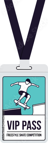VIP Pass Badge for Freestyle Skateboarding Competition with Skater Illustration