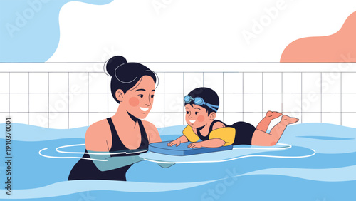 Caring mother supports her young baby who is using a blue kickboard to learn how to swim in a bright blue pool.