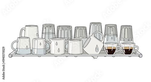 Assortment of clean kitchen mugs and glasses with water droplets on a rack, ready for use