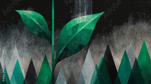 A textured image featuring stylized leaves and triangle shapes over a dark background
