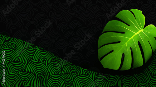 A vibrant, green, stylized leaf graces a dark background patterned with green and black arches