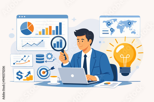 Data scientist analyzing business intelligence and marketing research on laptop with charts, graphs, magnifying glass, and light bulb for creative insight, global strategy, and financial growth.