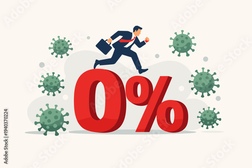 Businessman Running on Large Red Zero Percent Interest Rate Sign During Coronavirus Pandemic Crisis, Federal Reserve FED Monetary Policy Stimulus to Support Economy and Business from COVID-19 Impact