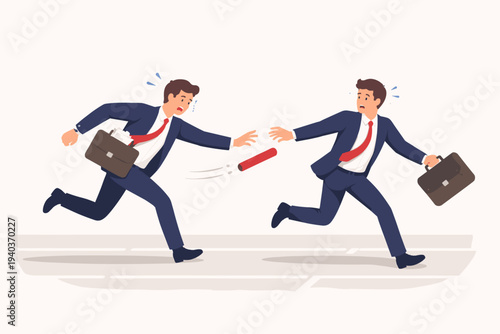 Businessmen in suits failing to pass a red baton during a relay race on a track, symbolizing business failure, poor communication, missed opportunities, bad teamwork, and transition mistakes.