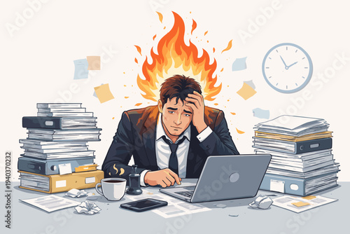 Stressed Businessman Experiencing Burnout with Head on Fire Sitting at Desk with Piles of Paperwork and Laptop, Concept of Work Overload, Mental Exhaustion, Corporate Pressure Vector Design