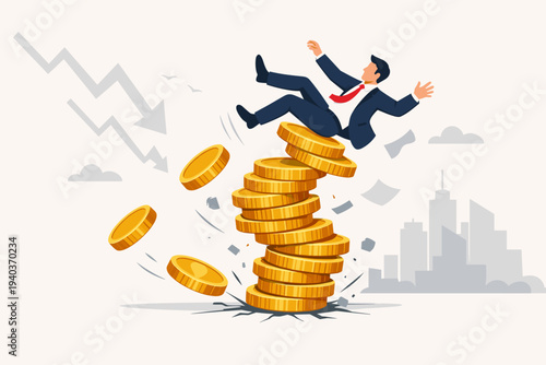 Businessman falling from a collapsing stack of gold coins with a downward arrow graph, representing financial instability, economic recession, market crash, bankruptcy, and investment risk.