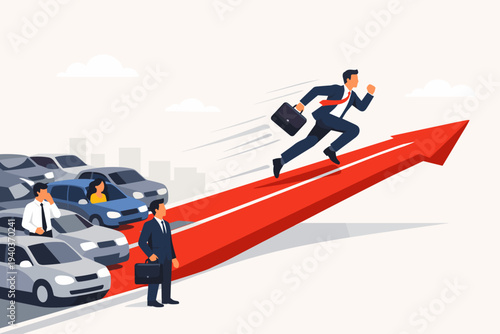 Businessman Running Fast on Red Arrow Lane Bypassing Traffic Jam for Career Growth and Success. Concept of Business Competition Advantage, Fast Track Priority, Leadership, and Strategic Ambition.